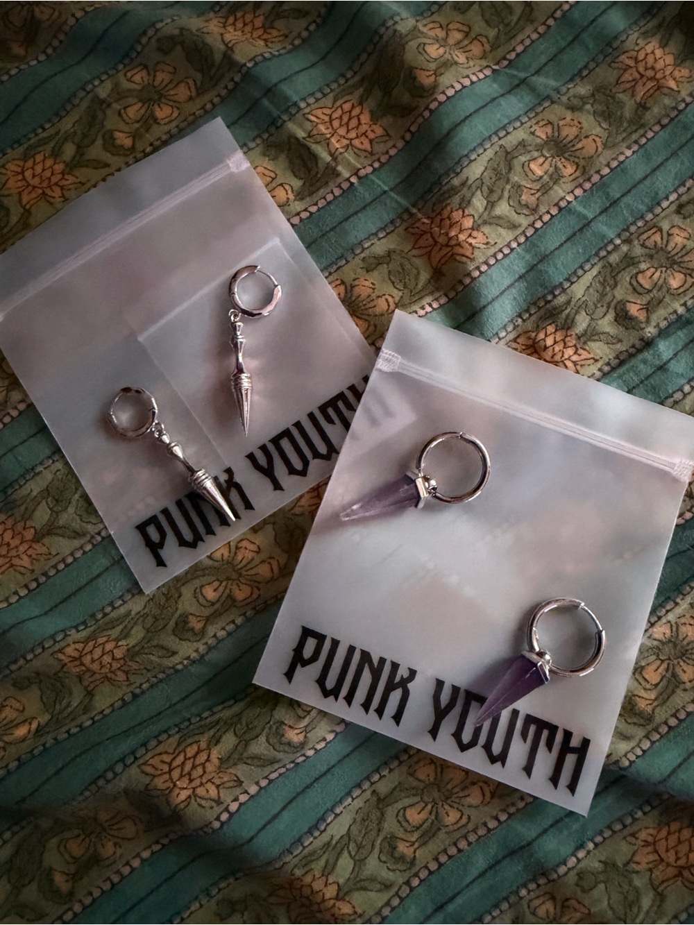 Silver Hoop Earrings with Purple Crystal Spike